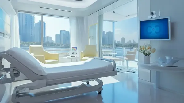 An empty hospital room has a TV screen with a camera and sensor mounted above it on the wall.