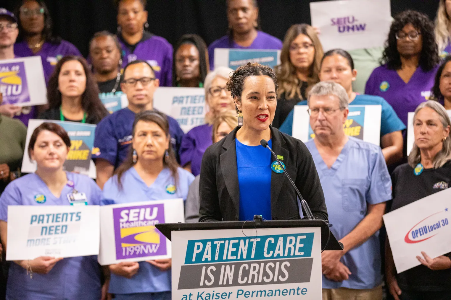 Caroline Lucas speaks at a Coalition of Kaiser Permanente Unions conference in Los Angeles in August 2023