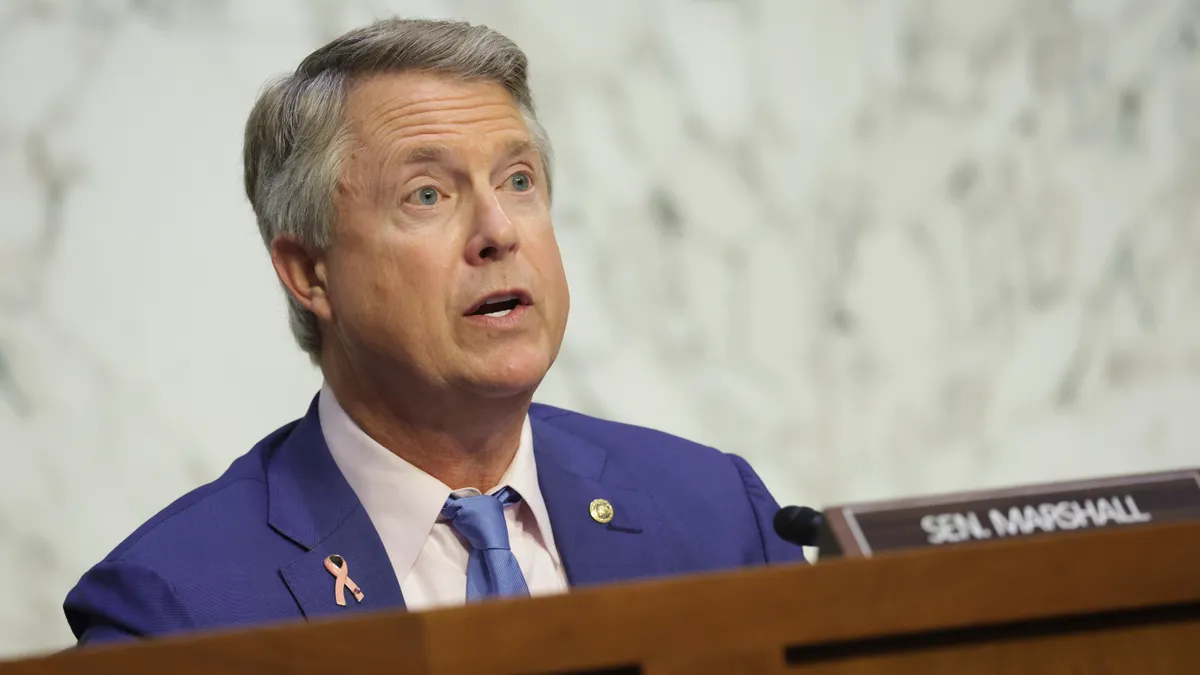 Senator Roger Marshall (R-Kan.) speaks during a Senate HELP committee hearing