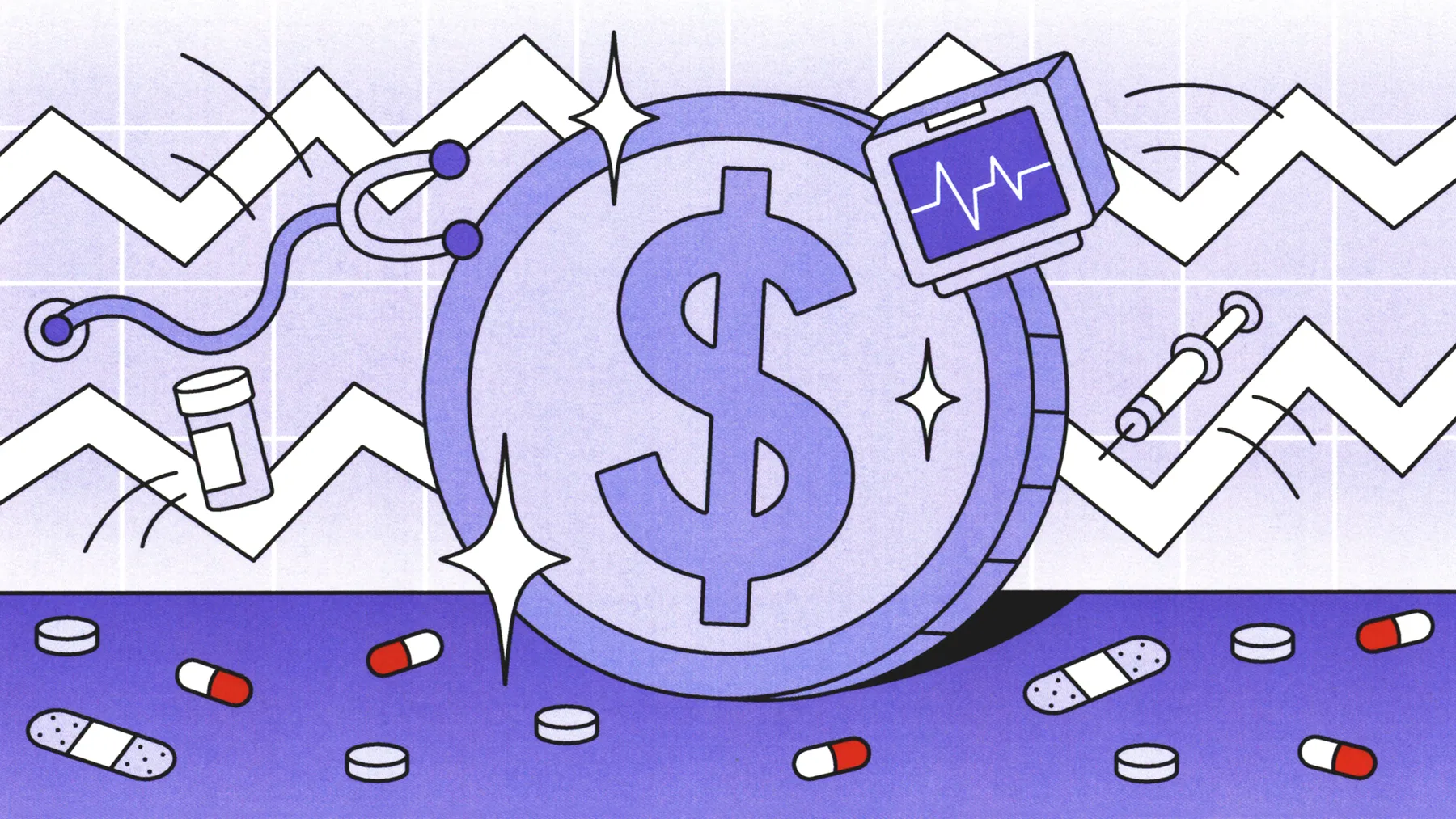 An illustration of a large dollar coin with medical supplies flying in the foreground is positioned on an analysis tracking chart background.