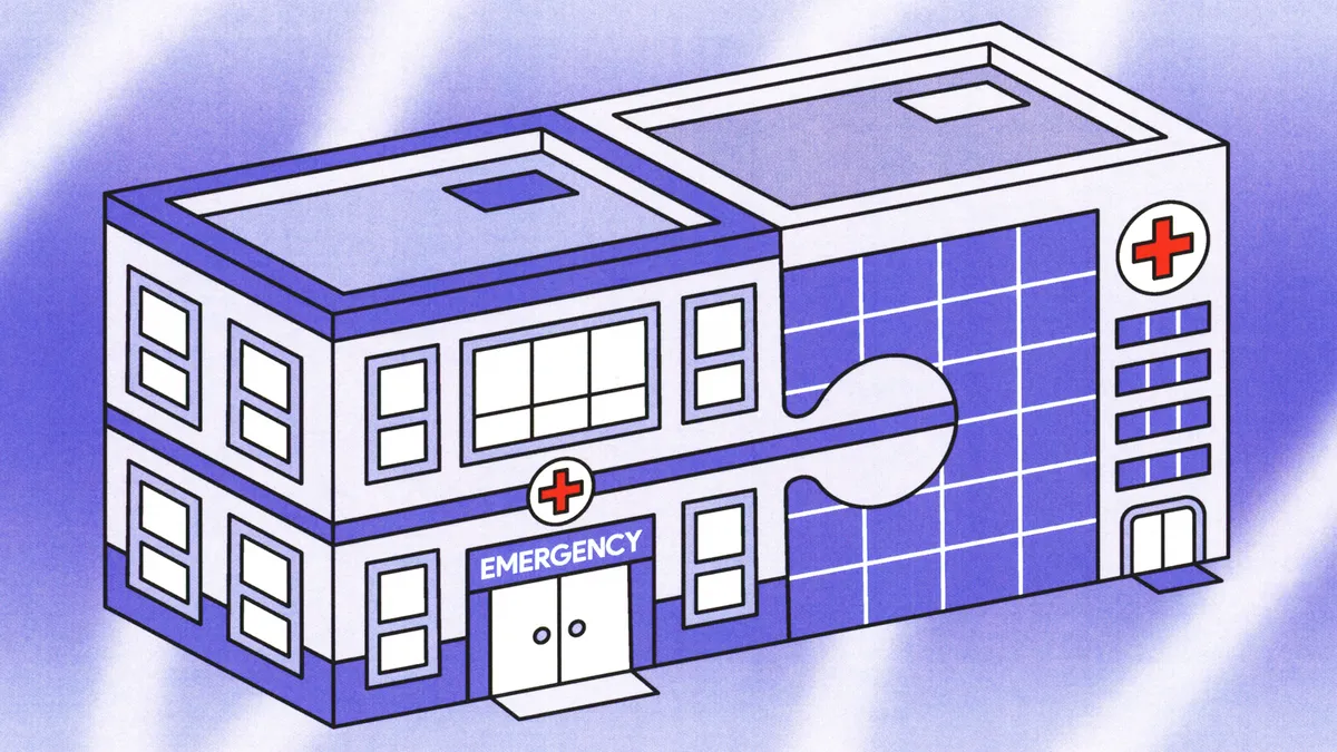 An illustration of a hospital and a medical corporate building pieced together like a puzzle.